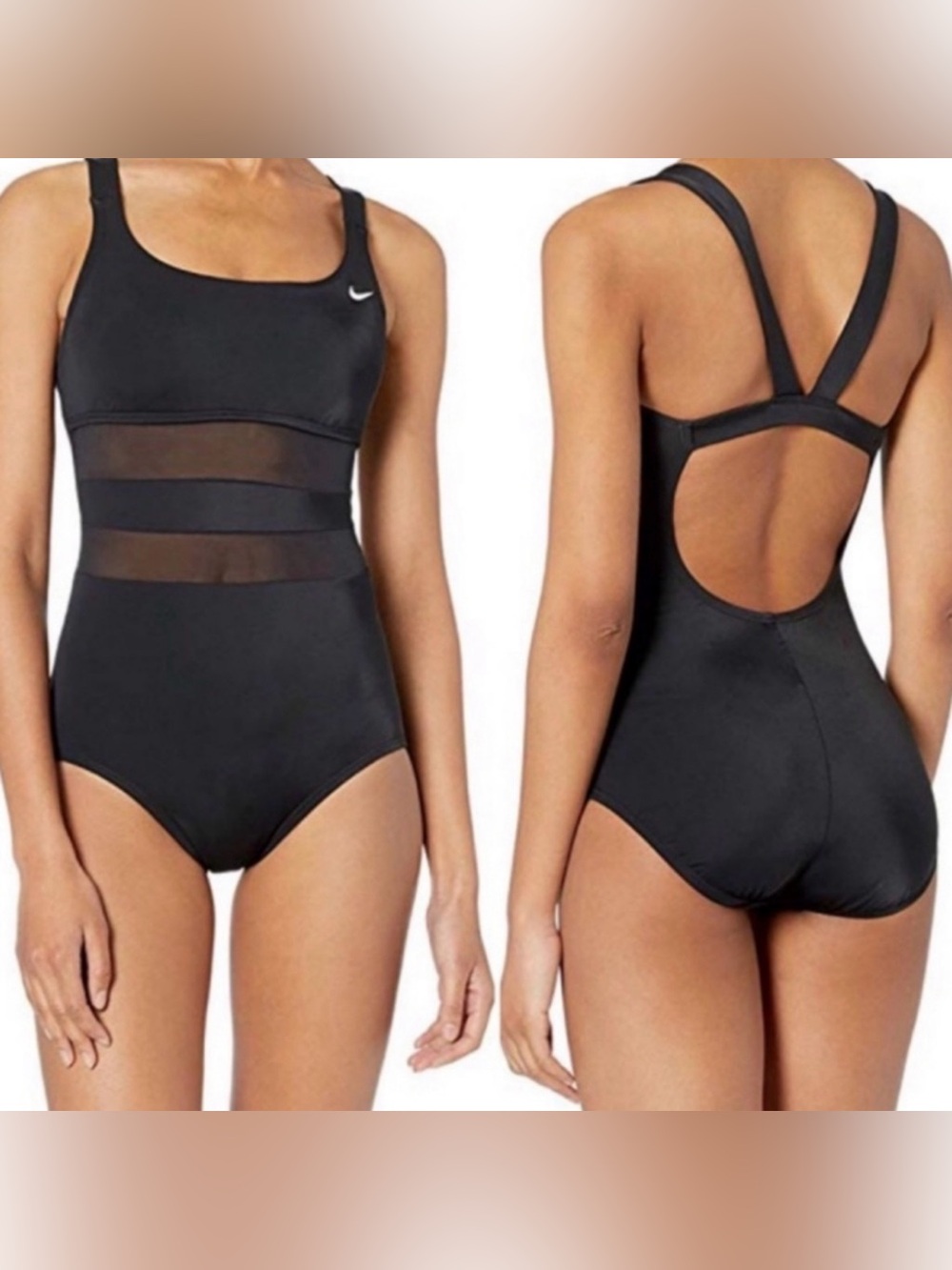 Nike Missy Mesh Solid Edge V-Back One Piece Swimsuit, Black, Size X Large  NWT